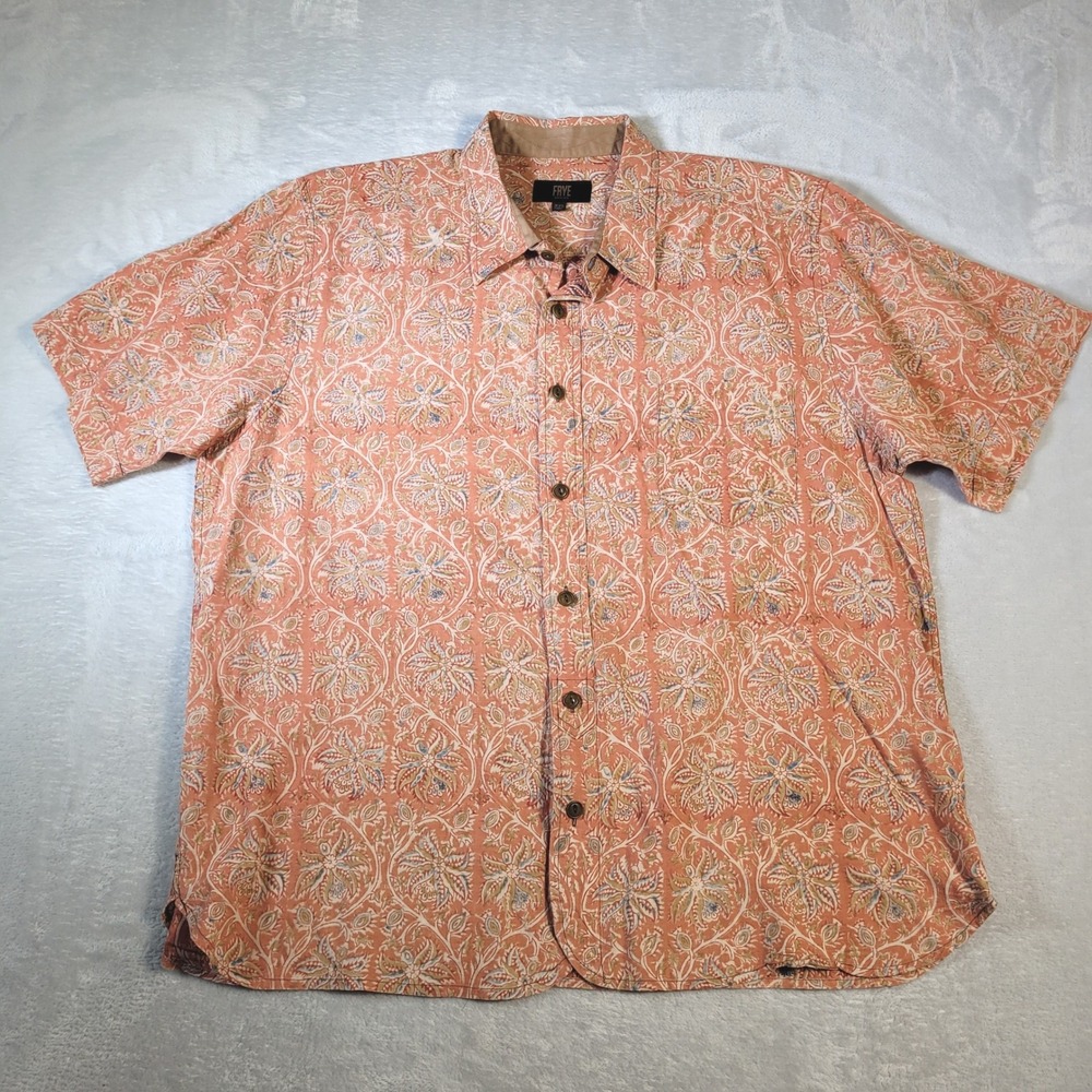 Frye Button Down Shirt Mens‎ XXL Coral Orange Floral Paisley Short Sleeve Cotton